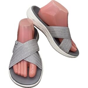 Skechers GOga Mat Gray Silver Crossband Slide Sandals Women's Size‎ 10